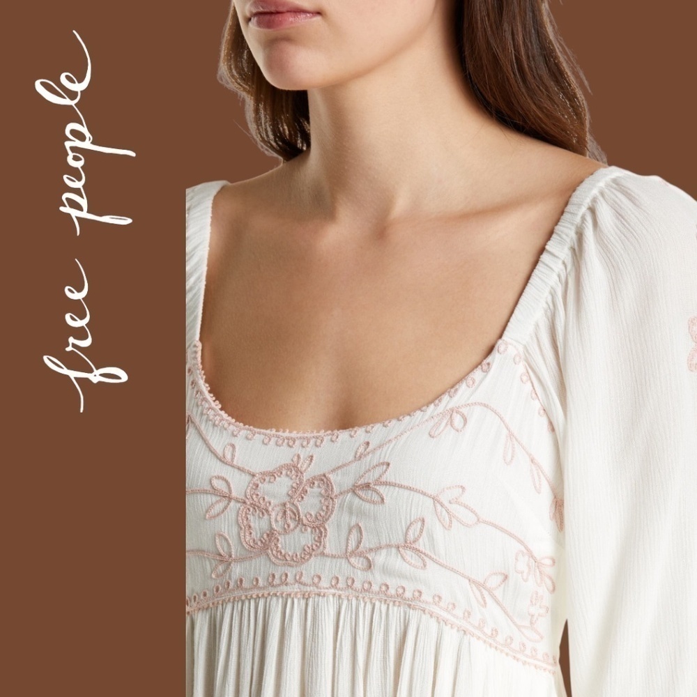 FREE PEOPLE Wedgewood Embroidered Scoop Neck 3/4 Puff Sleeve Maxi Dress/SM NWT - Picture 9 of 16